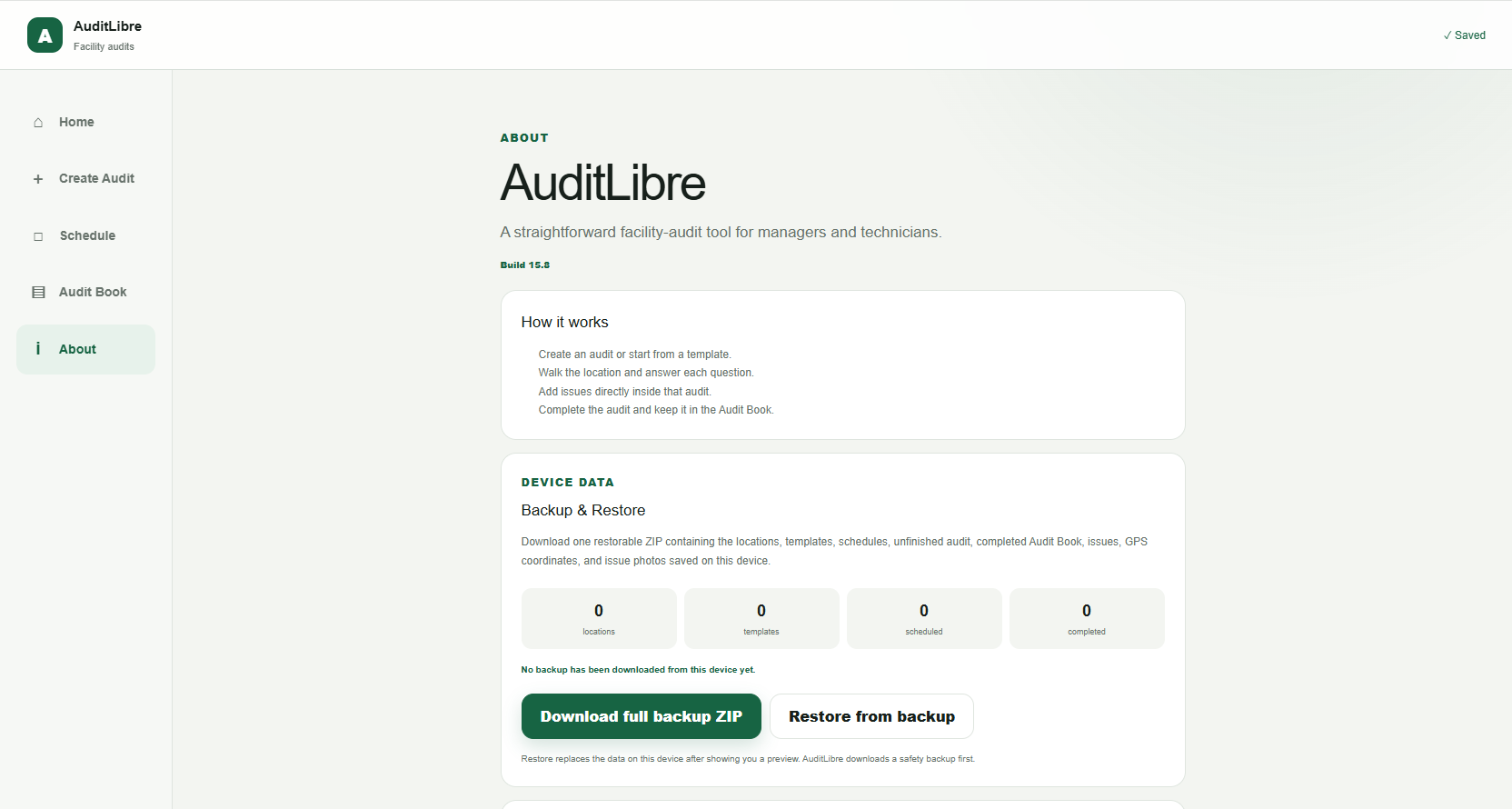 AuditLibre Backup and Restore page with full backup and restore controls