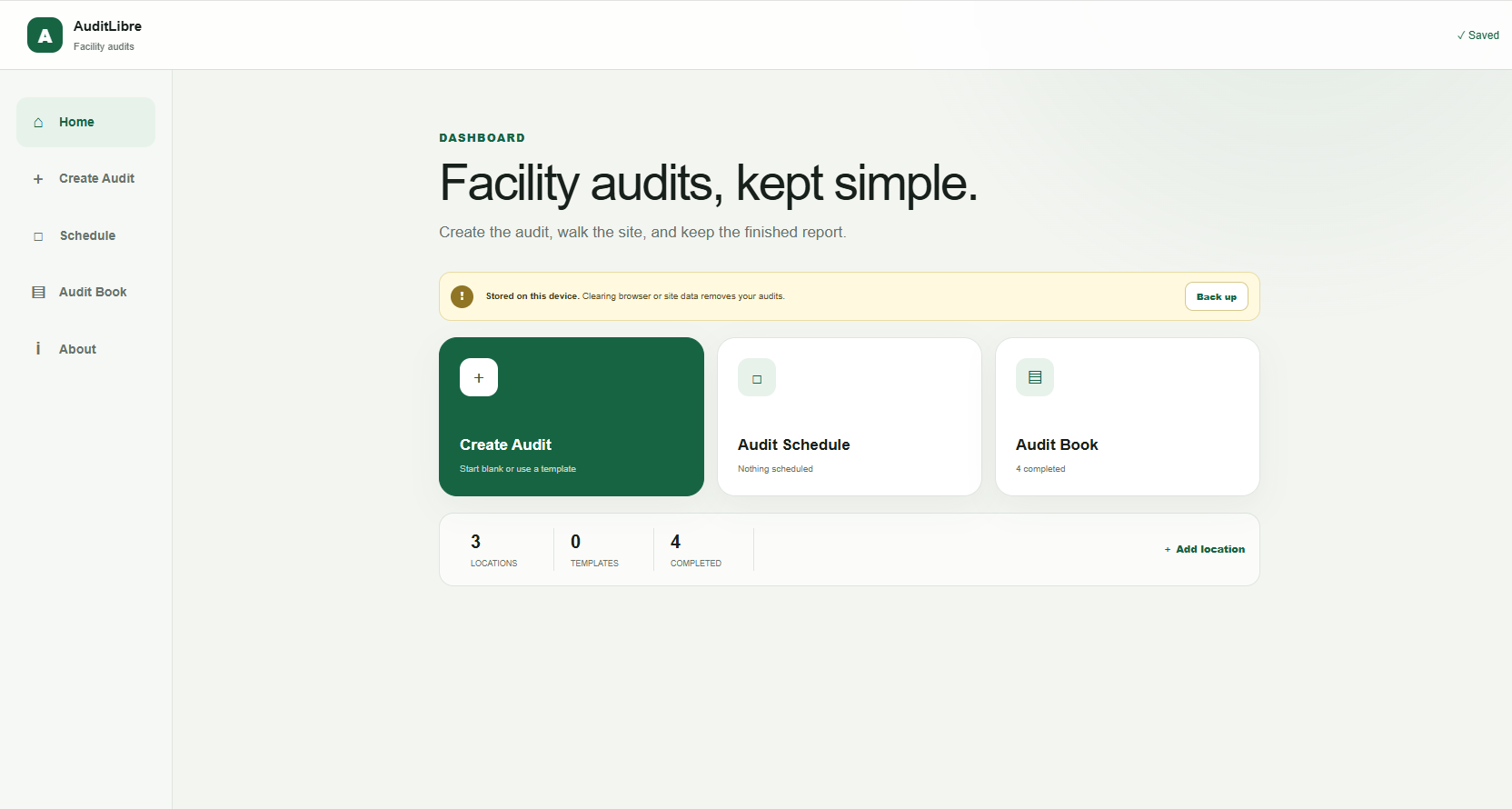 AuditLibre dashboard showing the Create Audit, Audit Schedule, and Audit Book options