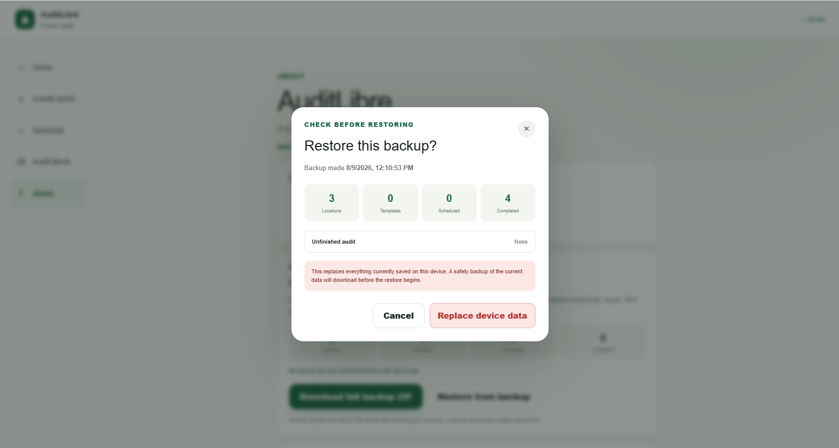 AuditLibre restore preview showing the contents of a backup before replacement